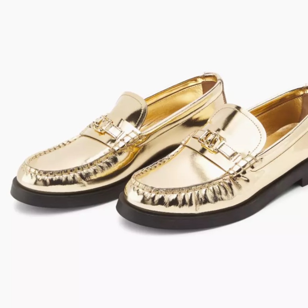 Brand New Auth Jimmy Choo Addie Gold Metallic Leather Loafers